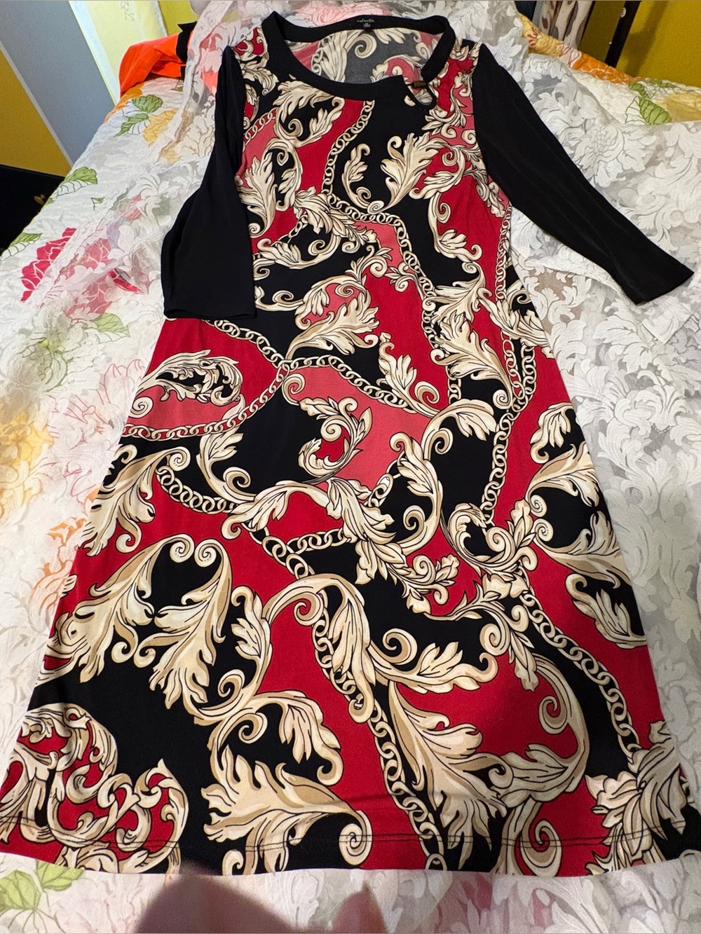 Rafaella Red, Black & Cream Scroll-Print Long Sleeve A-Line Dress